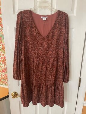 Lucky brand new Rust Paisley V-Neck Tiered Long Sleeve Dress